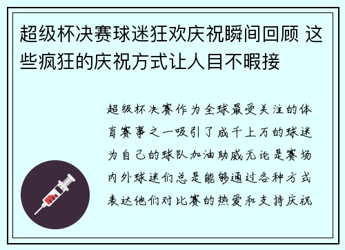 超级杯决赛球迷狂欢庆祝瞬间回顾 这些疯狂的庆祝方式让人目不暇接