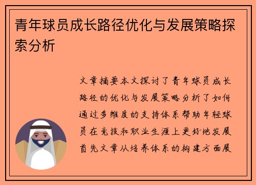 青年球员成长路径优化与发展策略探索分析