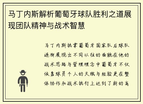 马丁内斯解析葡萄牙球队胜利之道展现团队精神与战术智慧